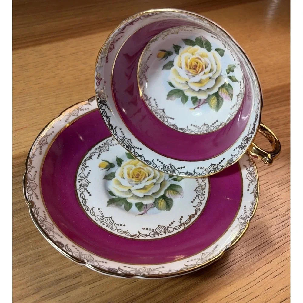 Vintage Regency English Tea Cup & Saucer Bone China Flowers Magenta/pink England